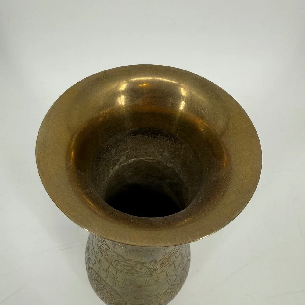 Vintage Etched Solid Brass Floral Vase Floral Design Flared Rim Made in India